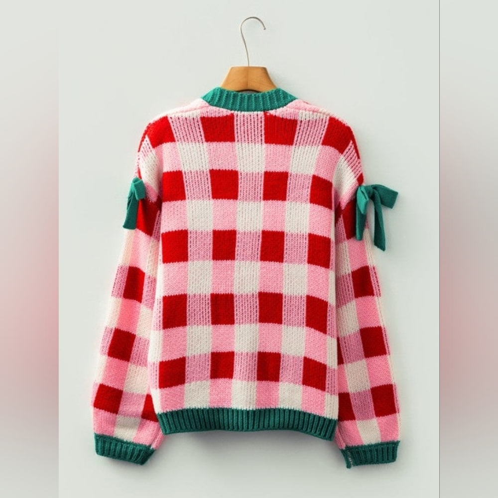 Christmas Plaid Bow Open Front Sweater Knit Cardigan - Picture 7 of 9